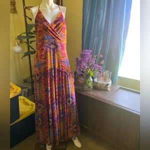 Ladies long 3 tier boho halter top maxi dress hippie festival psychedelic